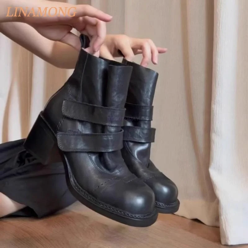Ladies Slip On Short Ankle Boots Distressed Wrinkled Cow Leather Two Layer Cross Strap Decor Cap Toe Casual Short Boots
