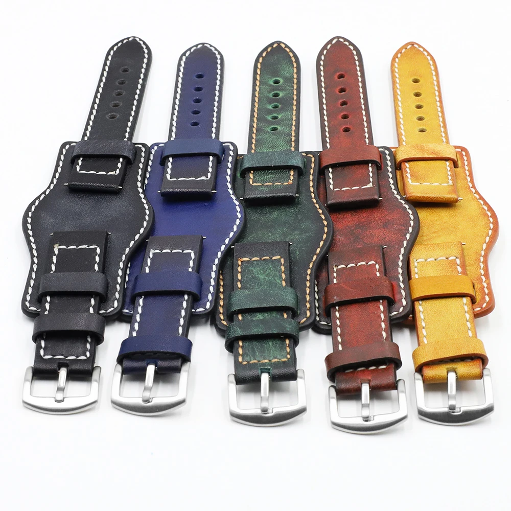 Onthelevel Vintage Leather Watch Strap 22mm 24mm Watch Band Yellow Red With Mat Black Wrist Protection Watchband For Panerai #D