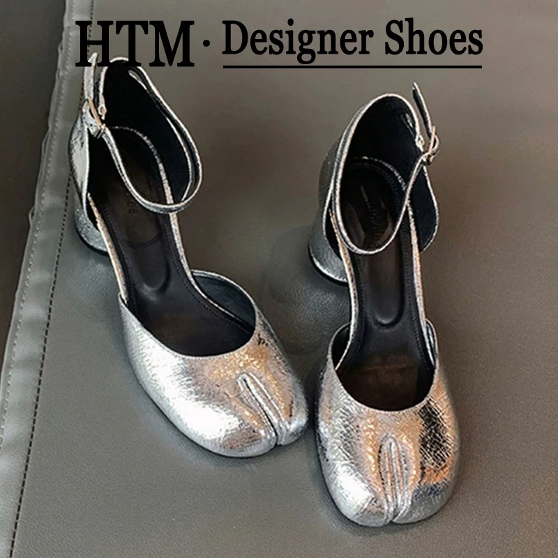Brand Designer high heels shoes woman ankle strap silver crack leather pumps split toe mary janes shoes women's pumps and heels