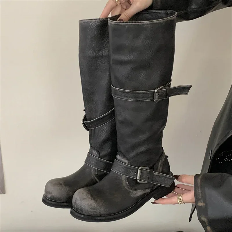 Women's Distressed Black Leather Buckle Knee High Boots, Vintage Biker Flat Heel Winter Casual Footwear, Drop Shipping Fastship
