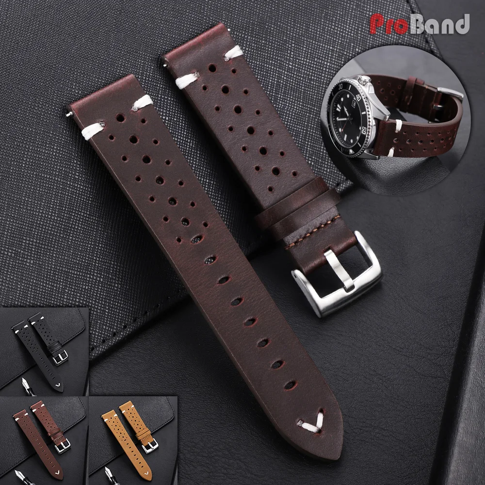 Breathable Calfskin Racing Leather Watch Band 20/22mm Brown Black Watch Strap Smartwatch Universal Bracelet Men Women Wristbelts