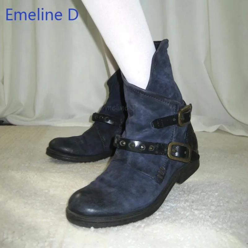 Unisex Distressed Suede Ankle Boots Dual Metal Buckle Straps Round Toe Low Block Stacked Heel Vintage Street Daily Fashion Shoes