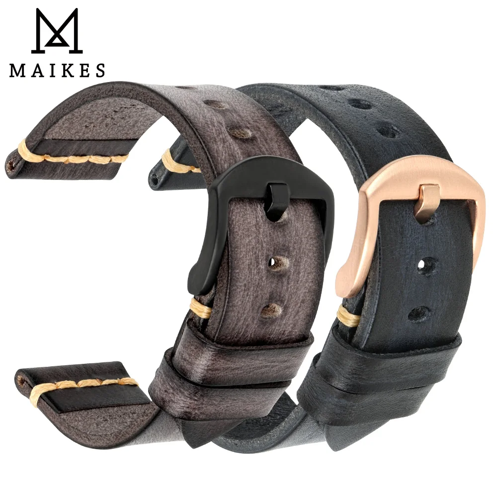 MAIKES Handmade Watchband calfskin strap men's Vintage Genuine leather watch band 20mm 22mm 24mm For Panerai MIDO Longines