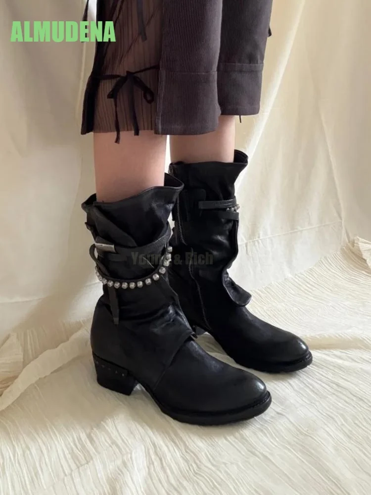 Dual Rivet Buckle Straps Distressed Boots Fold Over Shaft Metal Side Zipper Round Toe Low Block Heel Vintage Daily Footwear