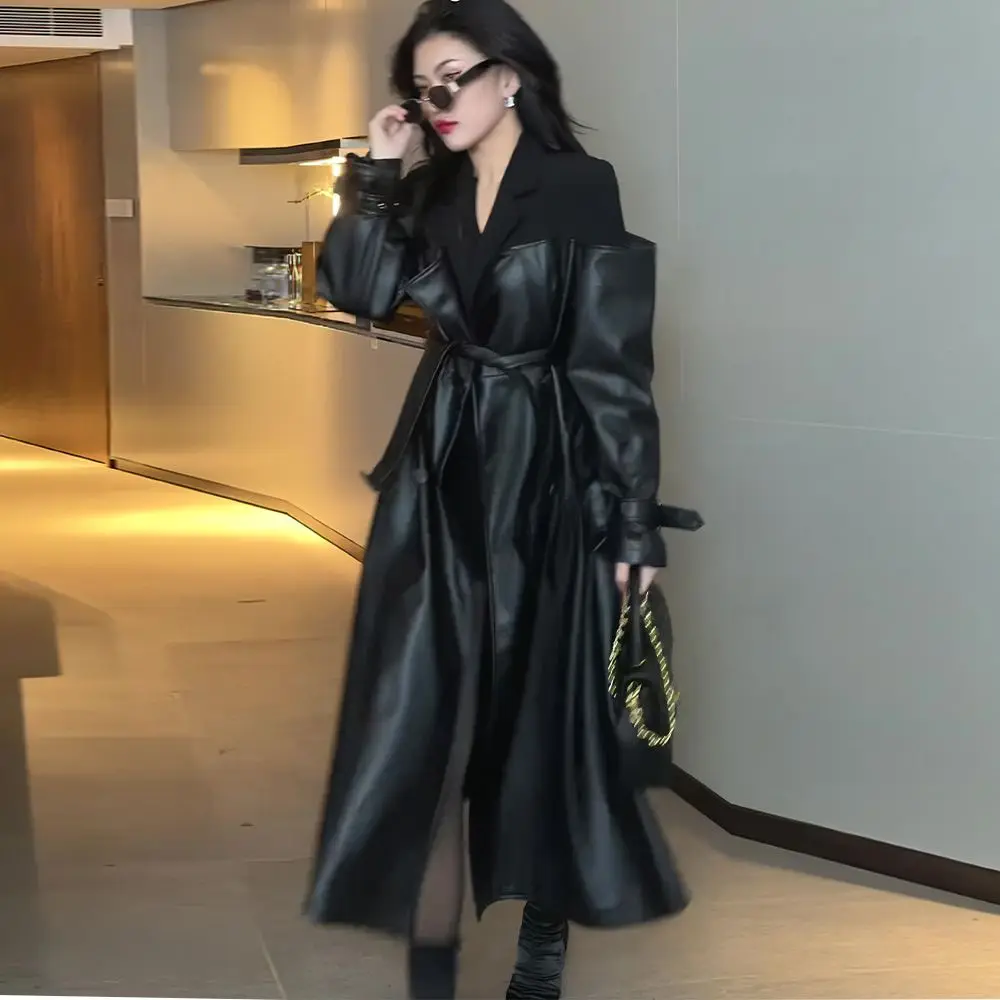 Fashion Patchwork Pu Leather Coat Women Autumn Winter Black Leather Trench Coat Strap Belt Lapel Windbreaker Faux Leather Jacket