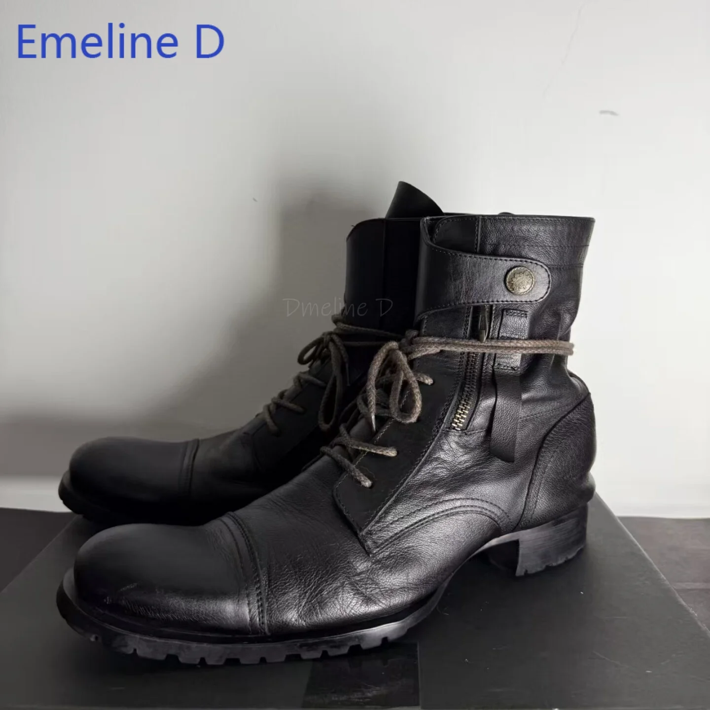 Men's Round Toe Leather Combat Boots Black Distressed Lace Up Side Zipper Button Strap Low Block Heel Streetwear Footwear