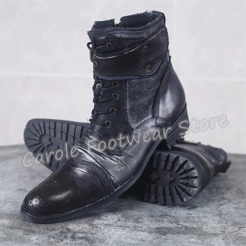 Vintage Distressed Mixed Color Patchwork Leather Ankle Boots Male Buckle Strap Lace-Up Side Zipper British Style Brogue Boots