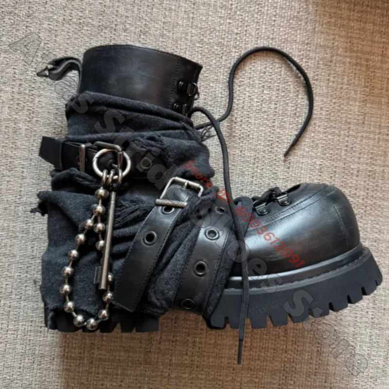 Distressed Frayed Fabric Wrap Leather Combat Boots Metal Ball Chain Buckle Strap Lug Platform Gothic Booties Dark Ankle Boots