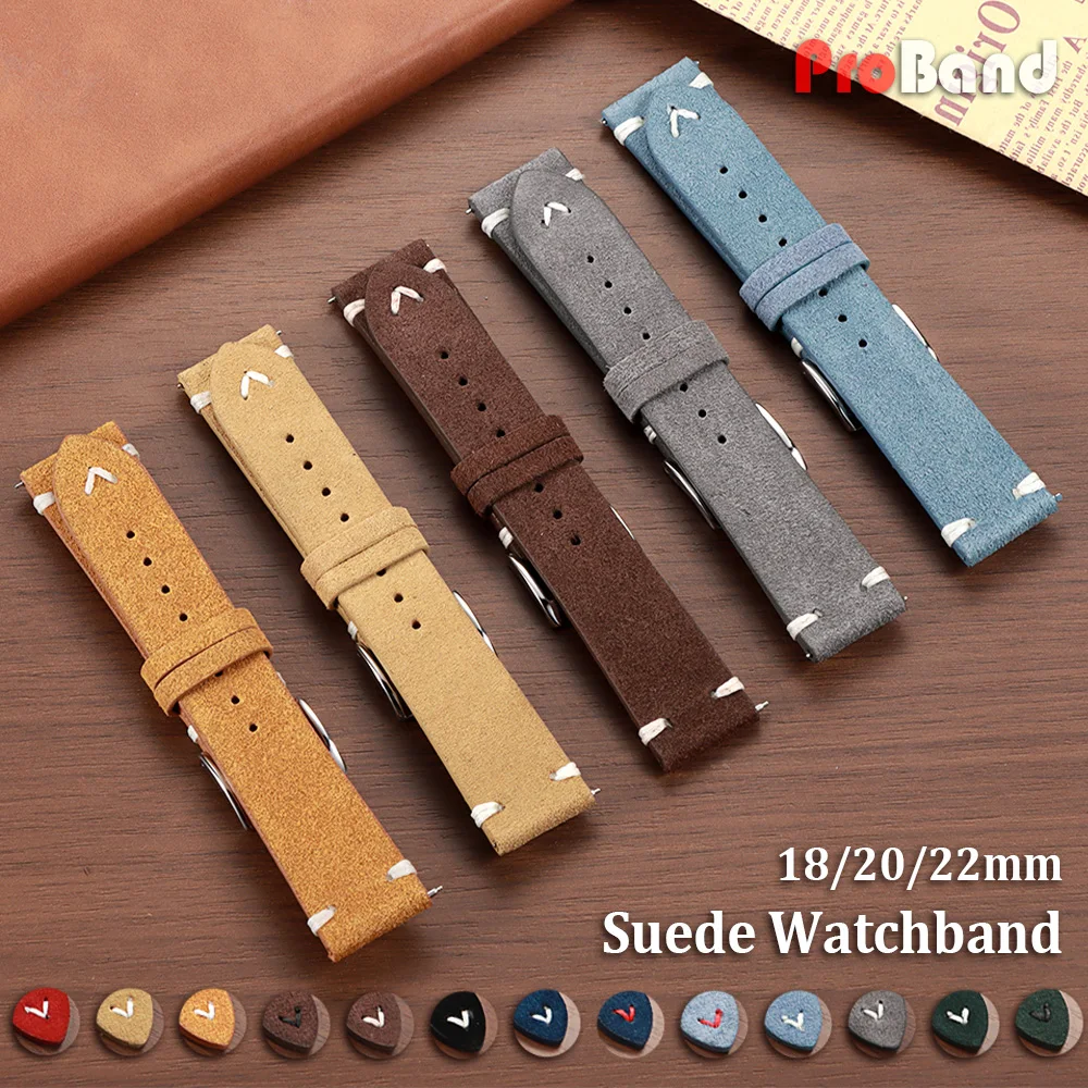Vintage Genuine Suede Leather Watchband 18mm 20mm 22mm Universal Replace Strap Handmade Men Women Sport Quick Release Bracelets