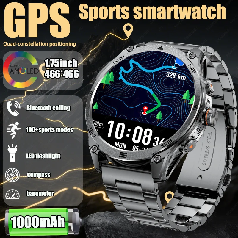 2026 New Military Grade GPS Sports Smart Watch with 1000mAh Large Battery LED Flashlight Compass Barometer Features for Men
