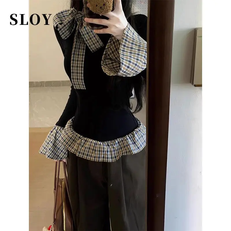 Korean Plaid Contrast Patchwork Slim Tops Spring Autumn New Fake Two-piece Fashion T Shirts High Street Trend Women Clothing