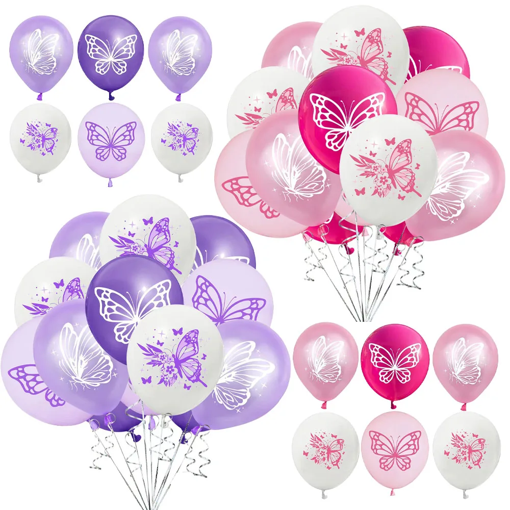 12pcs 12 Inch Pink Purple Butterfly Latex Balloons Fairy Theme Girl Happy Birthday Party Decorations Baby Shower Supplies