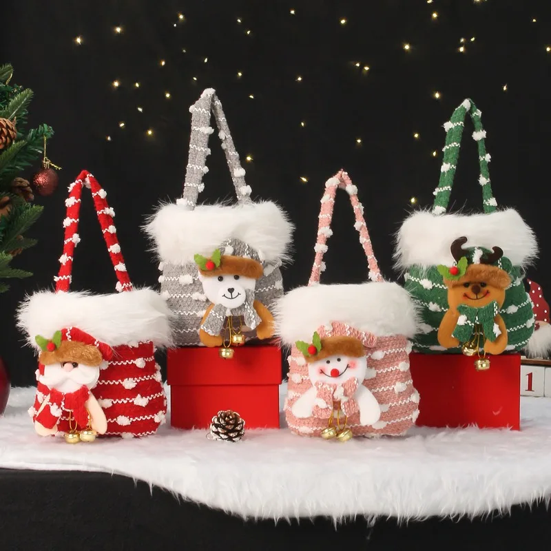 Cartoon Knitted Alabaster Christmas Gift Bag Santaclaus Snowman Elk Bear Xmas Candy Bag Merry Christmas Decor 2025 Noel Hangdbag