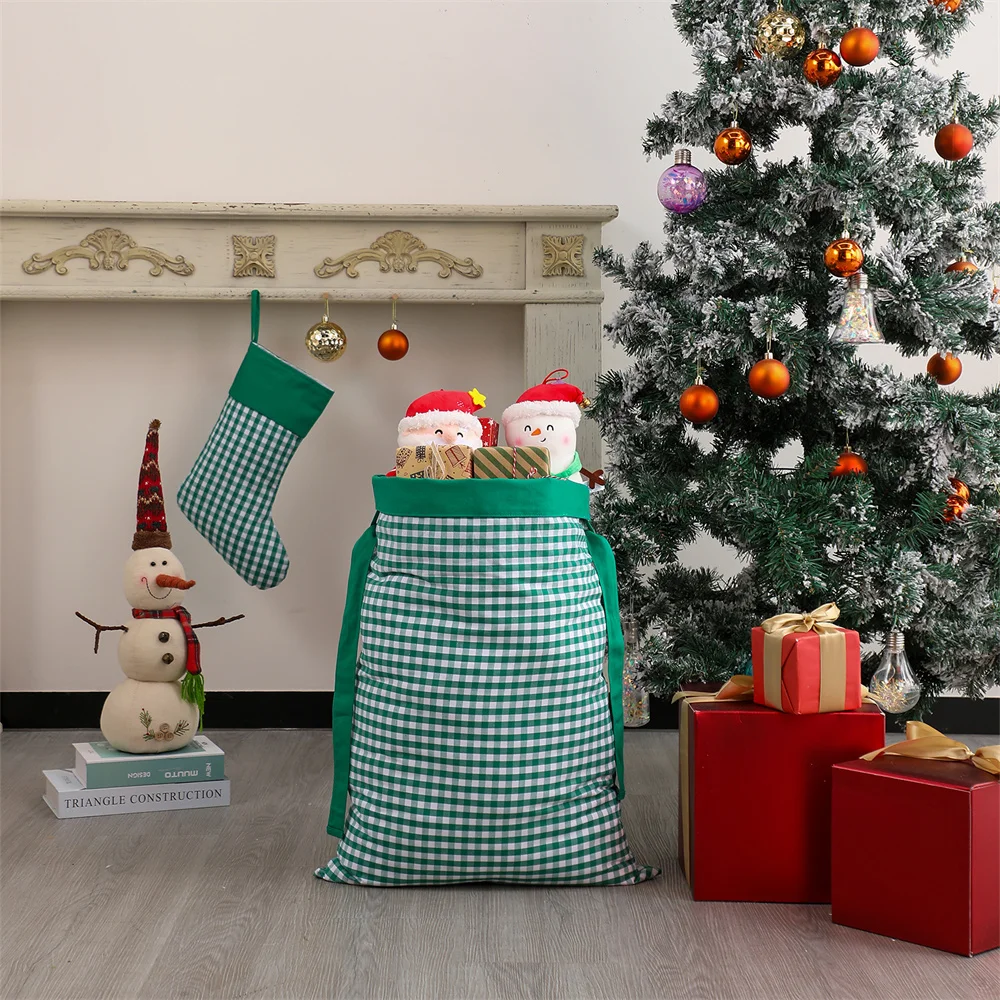 Custom Name Large Plaid Christmas Santa Sack For Present Merry Christmas Home Decoration Canvas Drawstring Gift Bag For Kids