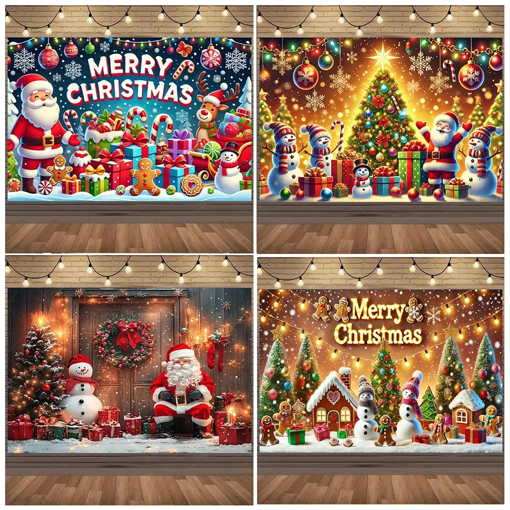 Merry Christmas Background Supplies Winter Snowman Santa Claus Backdrop Xmas Tree Party Decoration Christmas Photography Props