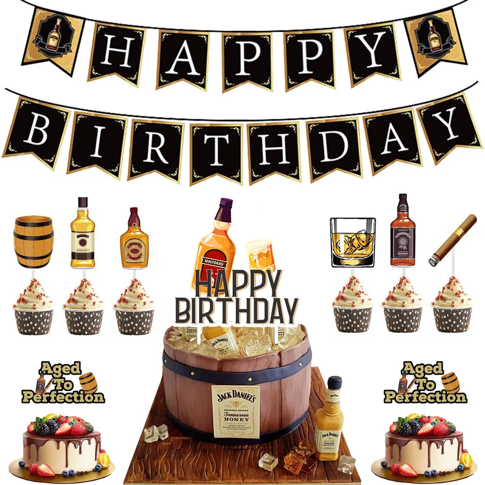 Whiskey Cupcake Toppers Aged to Perfection Party Supplies for Whiskey Party Man 40th 50th Happy Birthday Party Baking Supplies