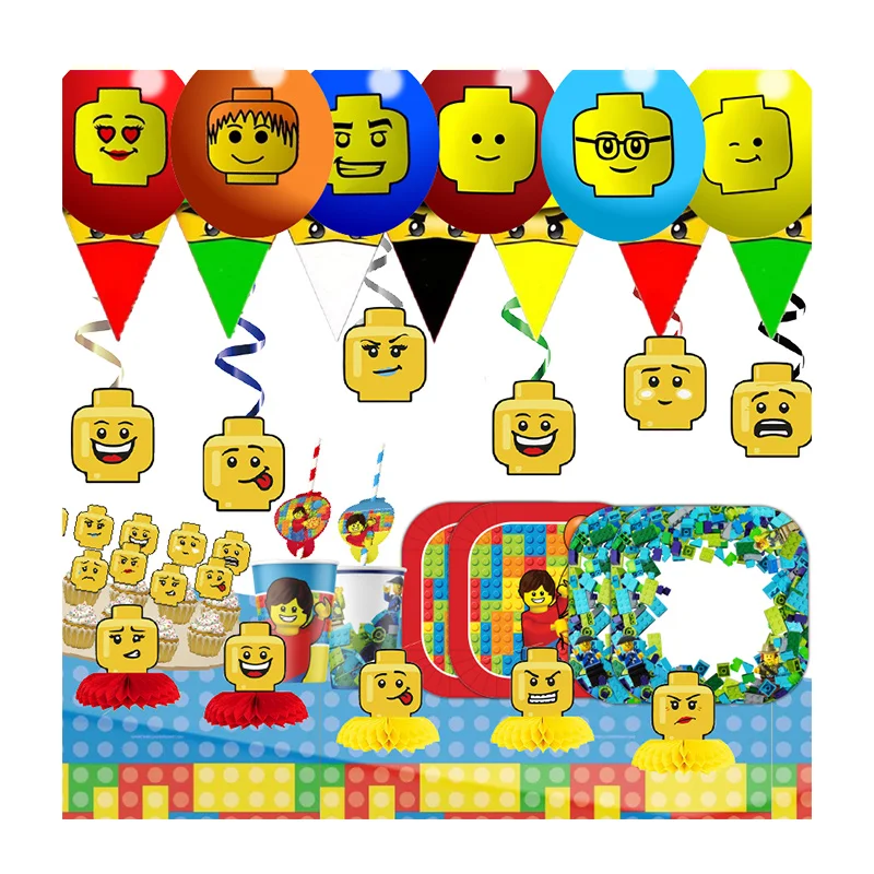 Building Blocks Happy Birthday Banner Party Decorations Paper Tableware Cake Topper Latex Balloons Baby Shower Party Supplies