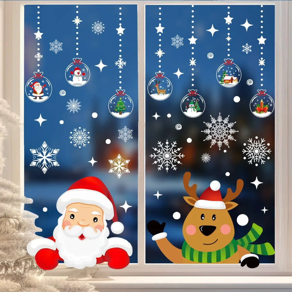 Cartoon Christmas Santa Claus Window Sticker Elk Snowflake Glass Sticker Merry Christmas Decor 2025 Happy New Year 2026