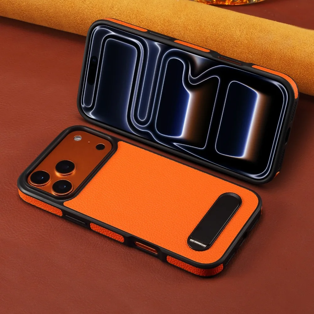 Back Hide Stand Solid Color Leather Phone Cover for iPhone 17 16 15 14 13 Pro Max Back Magnetic Charging
