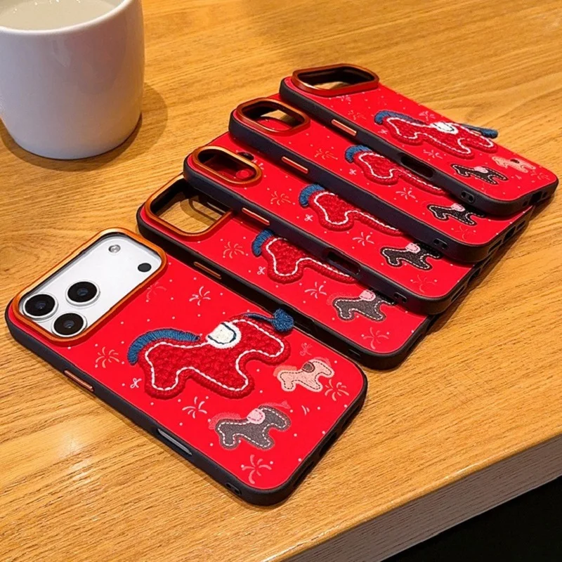 Festive Simple Red Phone Case for iPhone Air 17 16 Plus 15 Pro Max wih Back Embroidered Pony