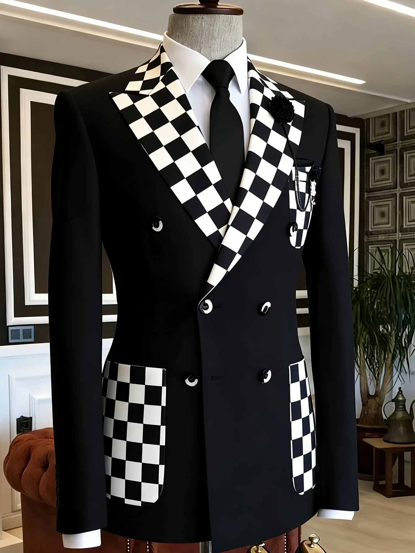 Men Black Double Breasted Blazer Black White Checkerboard Contrast Lapel Pocket Slim Fit Wedding Groom Stage Formal Tuxedo Jacke
