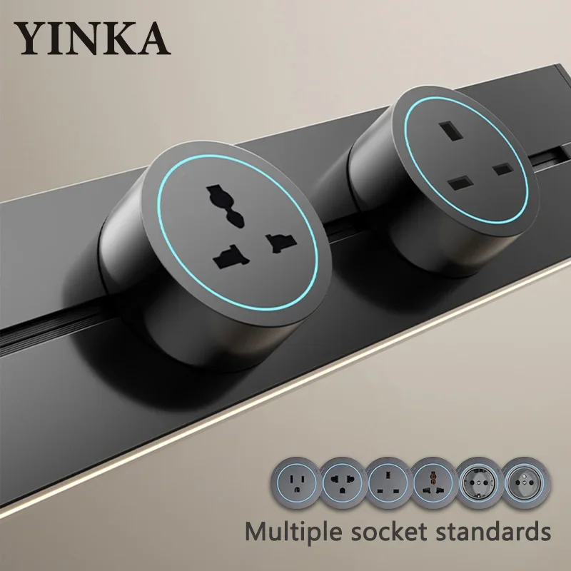 Track Socket Kitchen Wall Outlet, FR EU US UK Universal Standard Round Romovable Adapter Plug，Electrical Outlet with USB, Grey