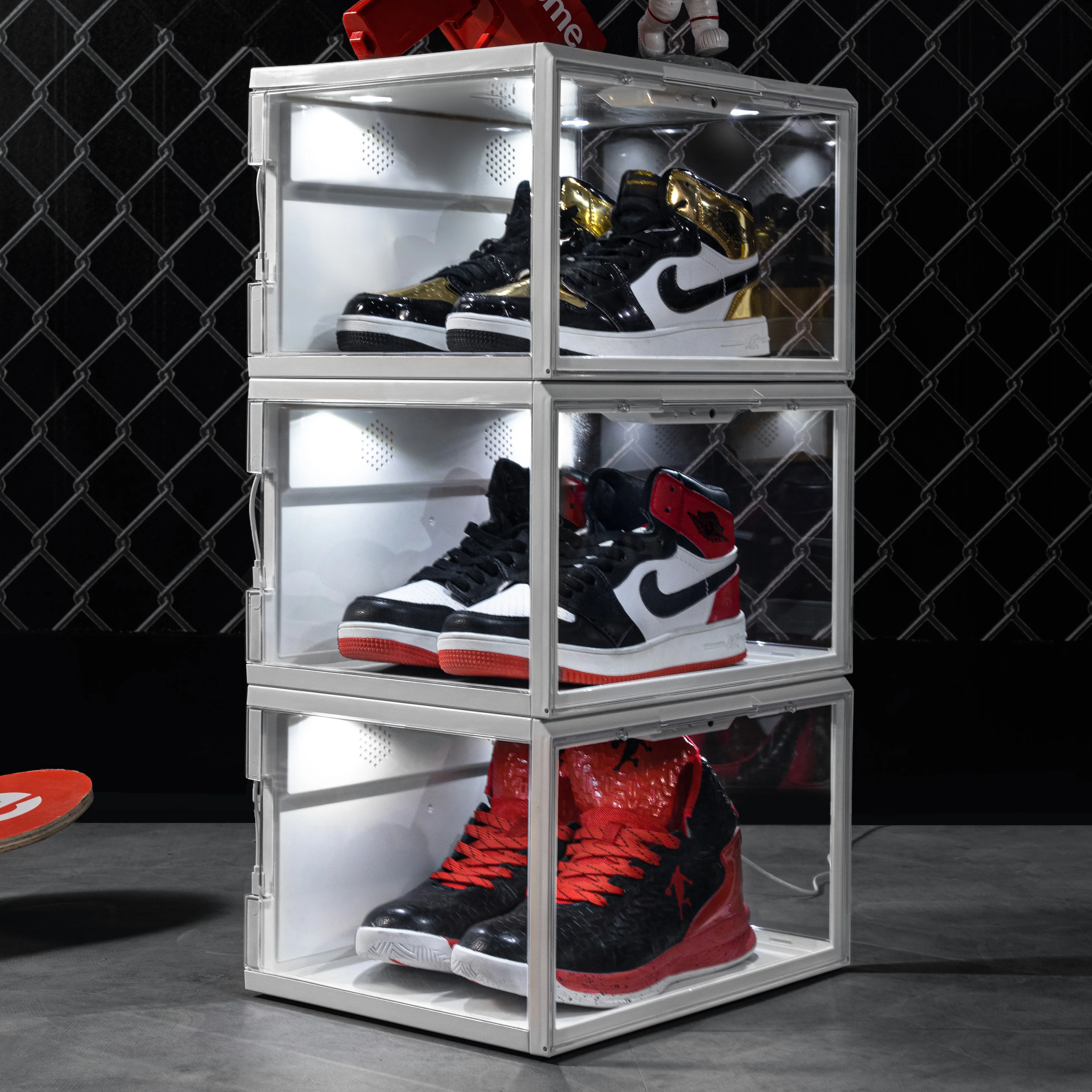 Sound Activated Plastic Led Shoe Box Container Magnetic Custom Giant Transparent Led Shoe Boxes Stackable Led Shoe Storage