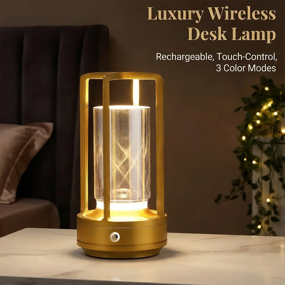 Luxury Wireless LED Table Lamp Rechargeable Portable Desk Light 3Color Modes Stepless Dimming Touch On/Off for Home Outdoor Cafe