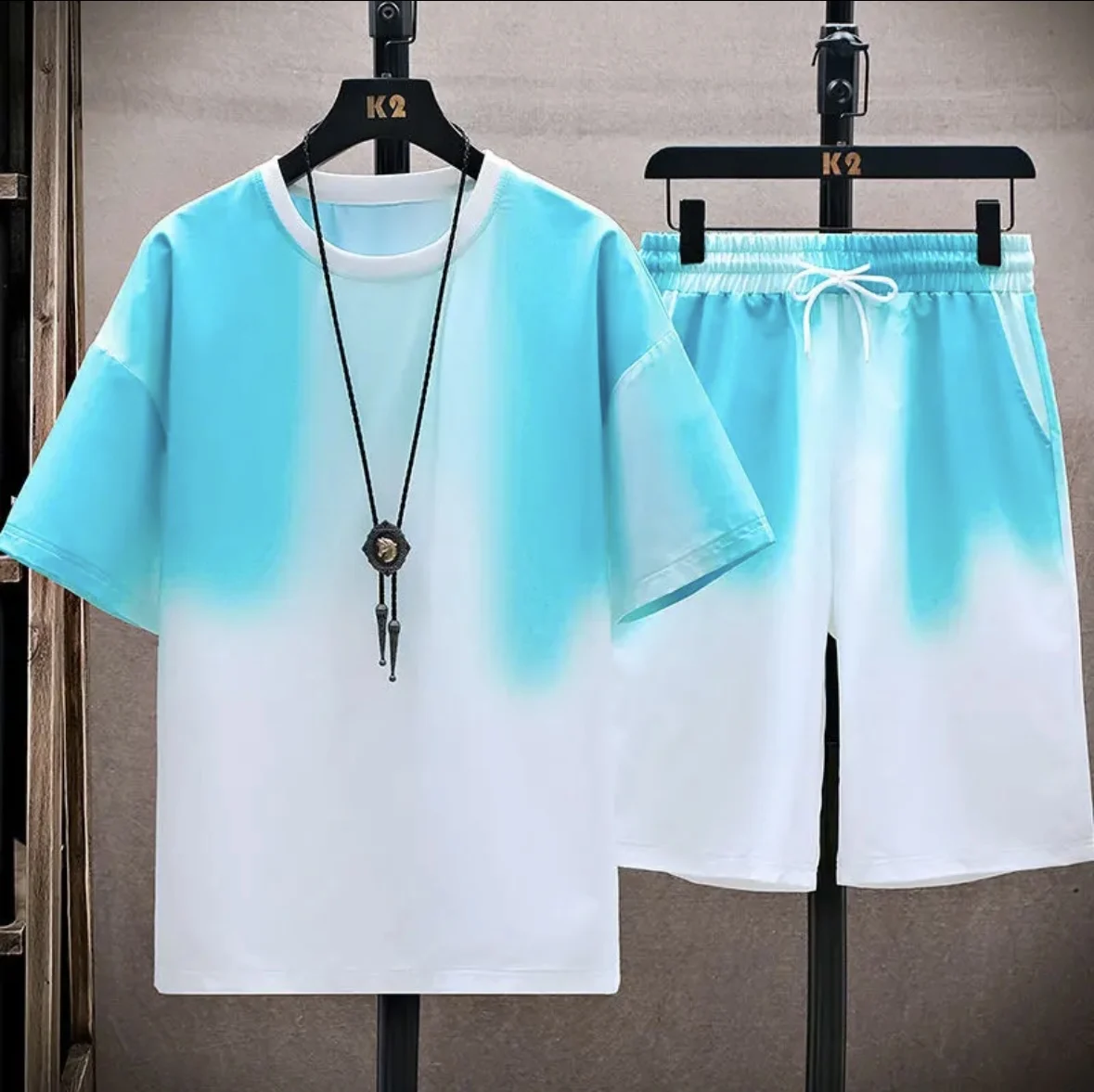 New hot-selling summer couple ice silk set, loose Korean-style casual unisex sports T-shirt and shorts, fashionable quick-dry