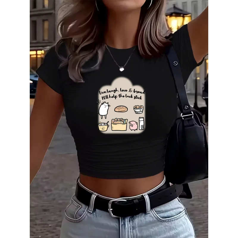 2025 New Trend Women'S Y2K Short Sleeve High-Waist Cropped T-Shirt - Unique Letter Bread Print Design