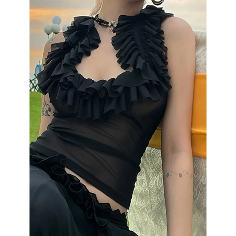 Women's Summer Tank Tops Slim Fit Stylish Sheer See Through Ruffled Scoop Neck Sleeveless T-Shirt, Stylish Tops