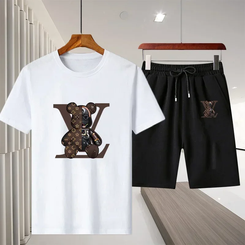 Men's cotton breathable T-shirt and shorts set, 2-piece, men's and women's fashionable short-sleeved knitwear, sports outfit