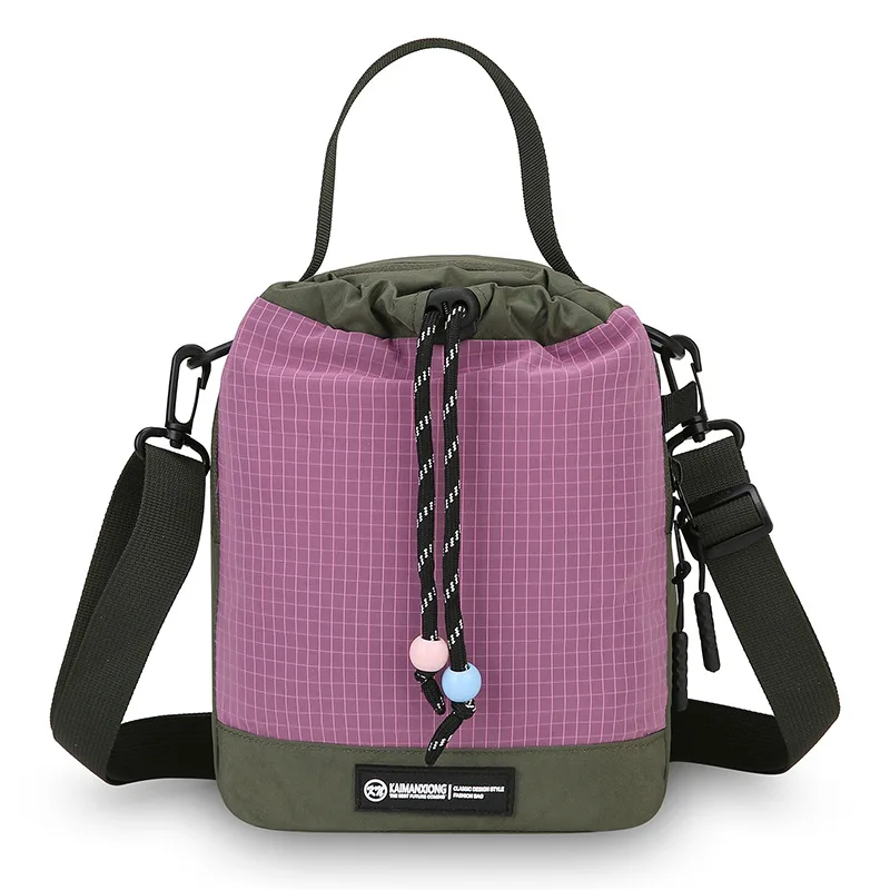 Women Mini Drawstring Bucket Crossbody Bag Lightweight Grid Nylon Handbag Detachable Shoulder Strap Casual Travel Shoulder Bag