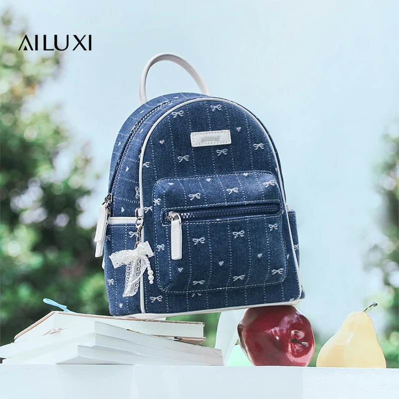 AILUXI Women Small Backpack Denim-Look Recycled Fabric Mini Fashion Backpack for Work Commute Travel Daily Back To School Gift