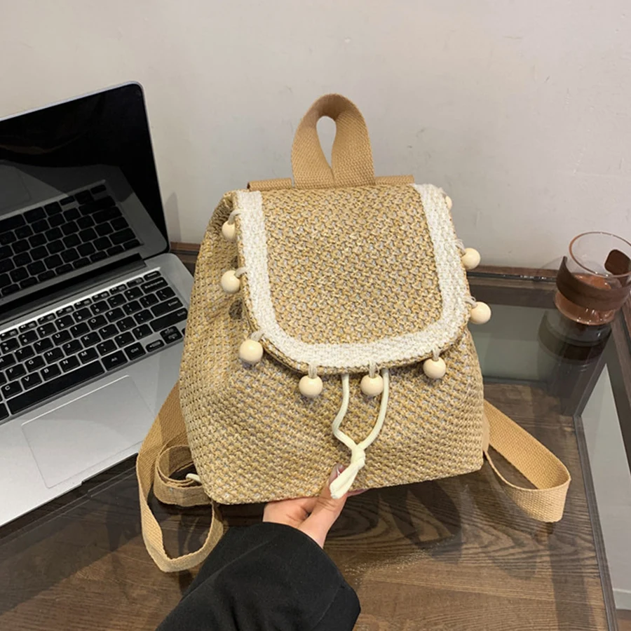 Small Drawstring Flap Backpack Women Mini Straw Woven School Bagpack Fashion Travel Commuter Shoulder Bag Girls Beaded Bags sac