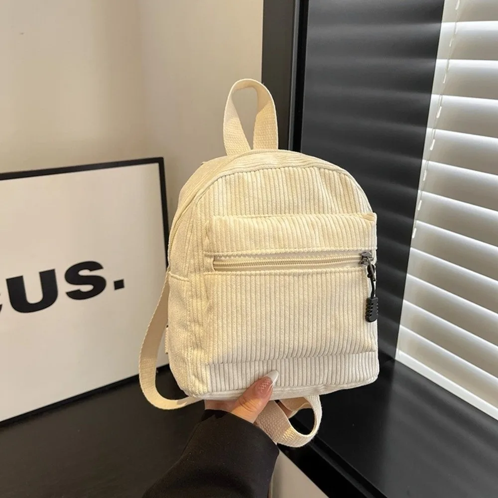 Fashion Solid Color Corduroy Mini Backpack Lightweight Zipper Double Shoulder Bag Multi Pocket Vintage Daypack Casual Travel