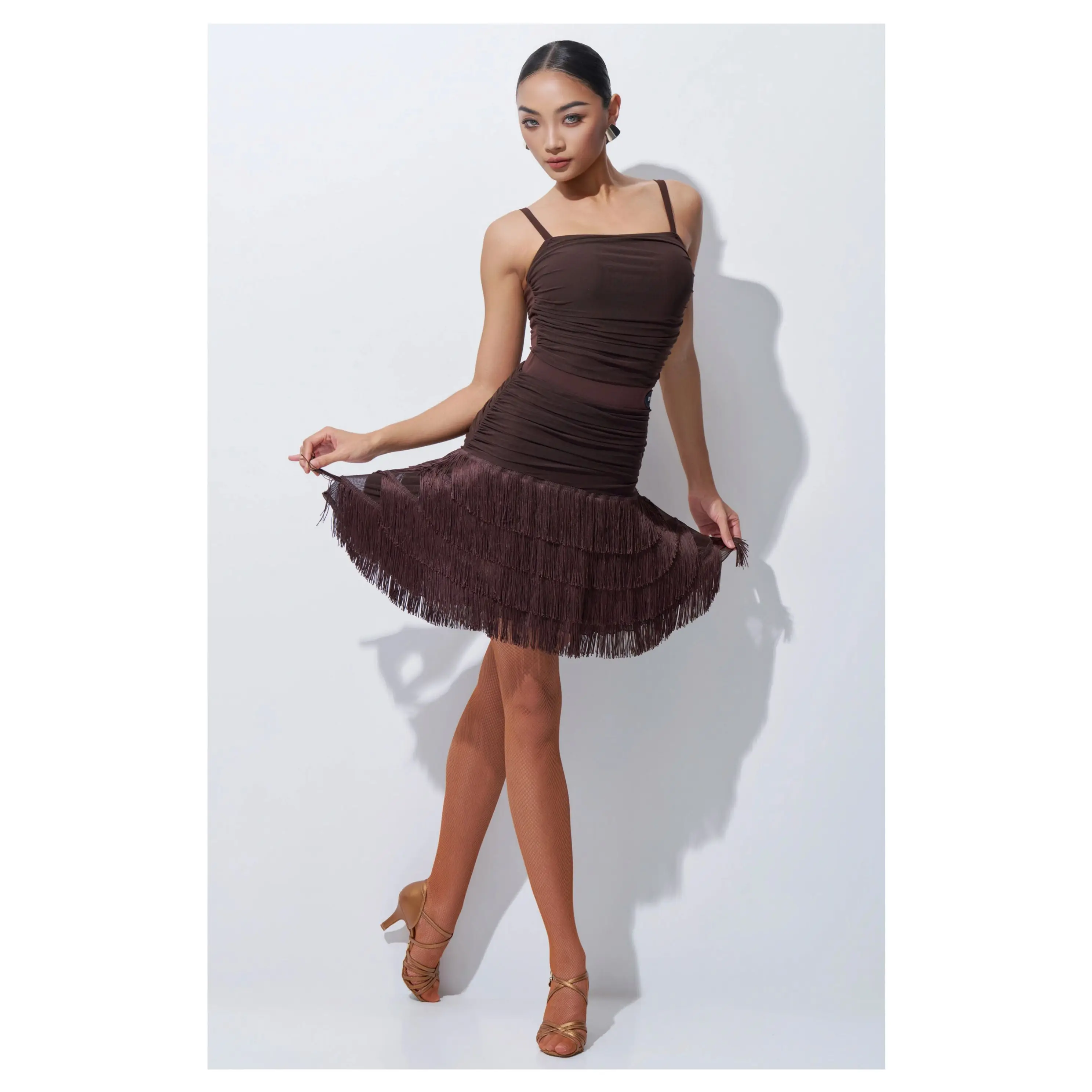 UK Latin Dance Fringe Skirt Set - Women's Salsa Practice Dress with Mesh Top, Professional Latin Training Costume