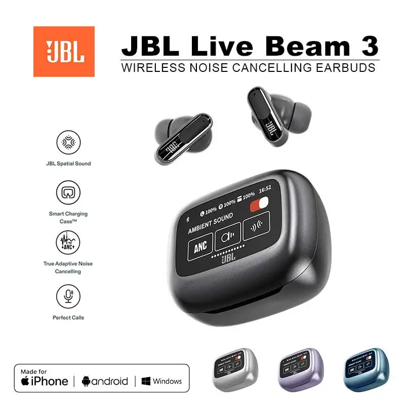 Original JBL Live Beam 3 True Wireless Bluetooth Earbuds with LED Smart Display Box Headphone Noise Cancelling Earphones Beam3
