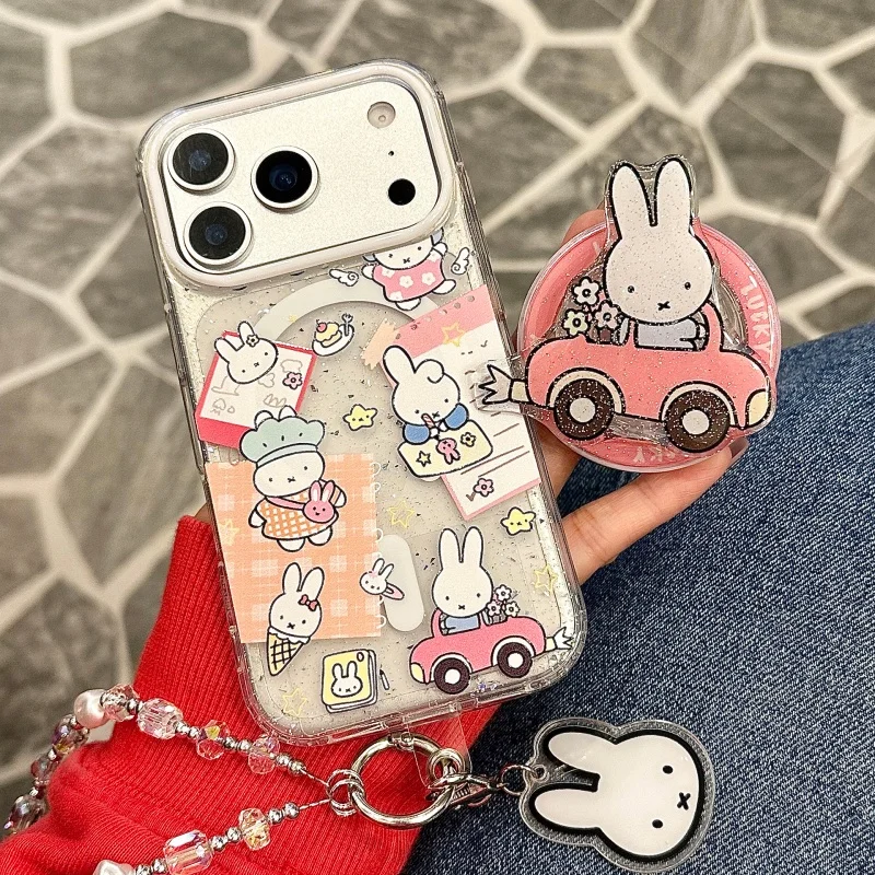 Cute cartoon car Miffy Sparkling Magnetic Wallet Magsafe Wireless Charge Phone Case For iPhone 13 14 15 16 17 Pro Max Cover﻿﻿