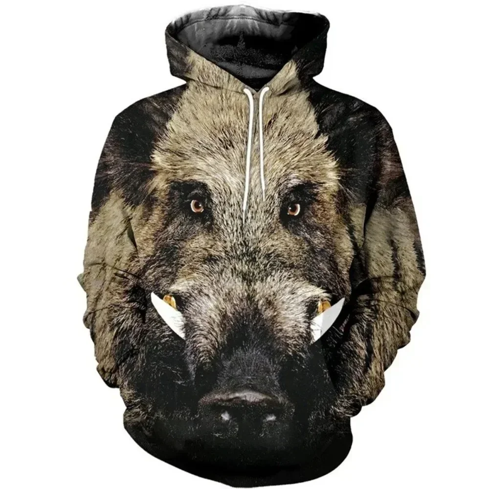 Autumn and Winter New Fun Wild Boar Men's Hooded Sweatshirt, Autumn and Winter Hunting Suit, Long Sleeved Camouflage 3D Printed