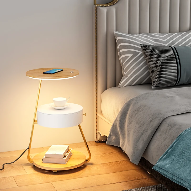 -+-Bedroom Minimalist Nightstands Small Space Round Light Smart Bedside Table With Wireless Charger Nachttisch Library Furniture