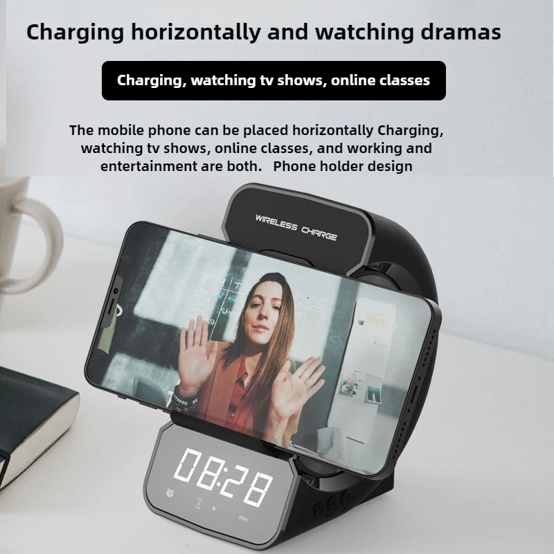 Creative Wireless Charger Bluetooth Speaker Clock Alarm Display Radio Charging Station with Phone Holder