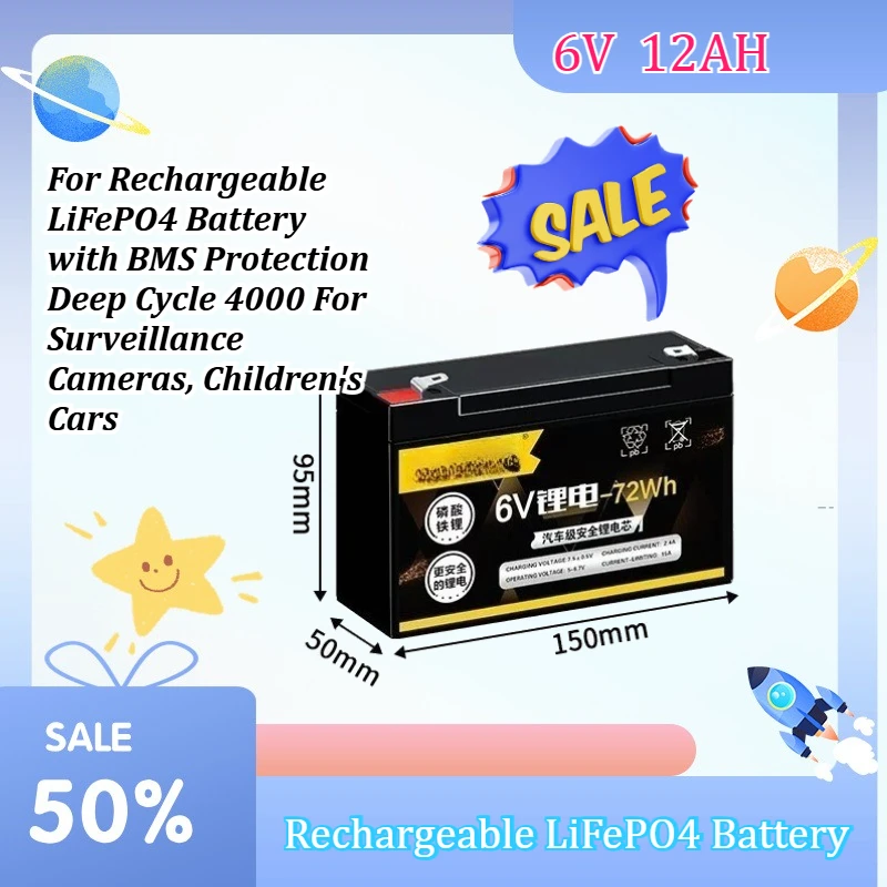 6V 12Ah 72Wh Rechargeable LiFePO4 Battery with BMS Protection Deep Cycle 4000 For Surveillance Cameras, Children's Cars
