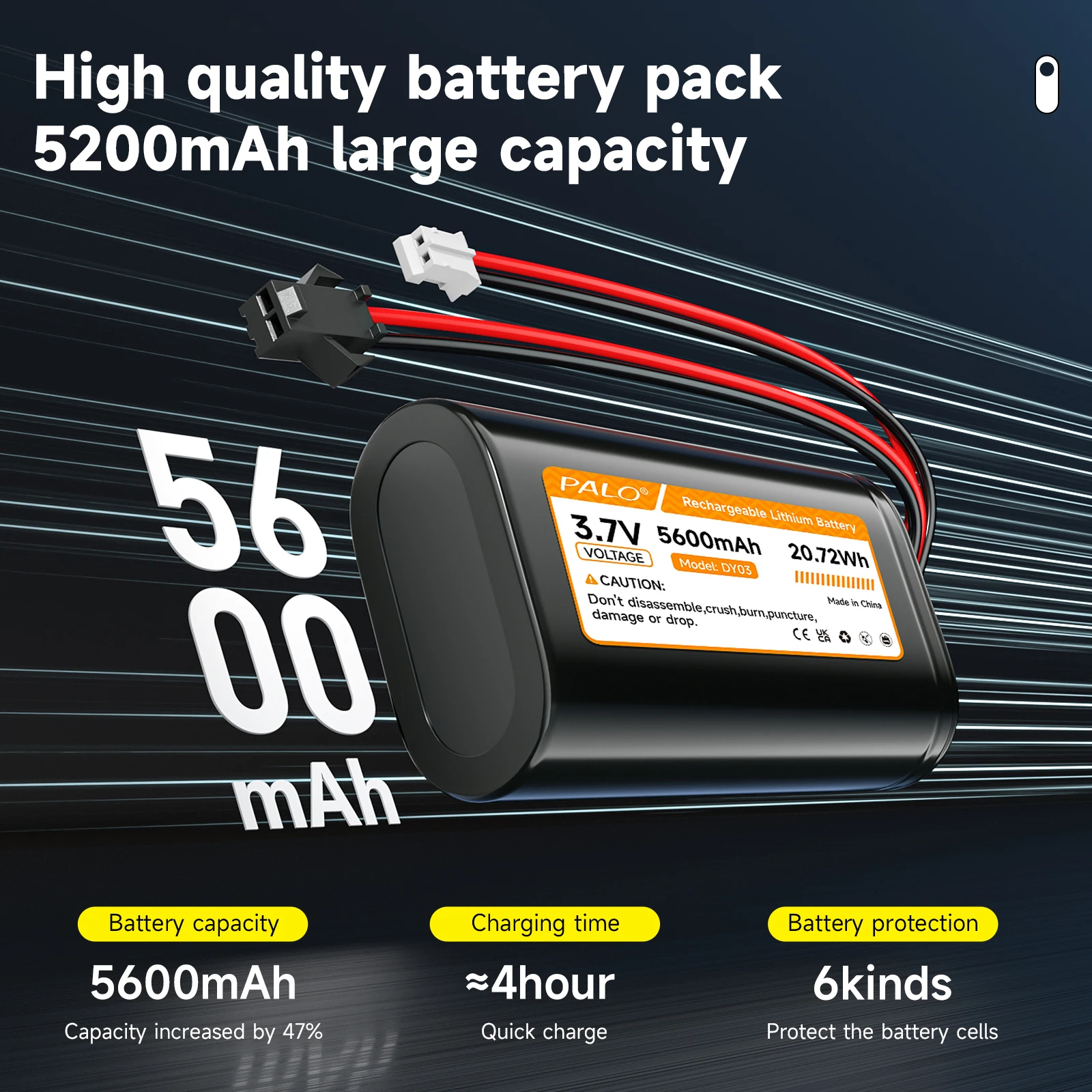3.7V 5600mAh Rechargeable Li-ion Battery Pack With PH2.0/2P Plug For GPS, tablet intercom, RC Car, Drone,Solar Wireless Camera
