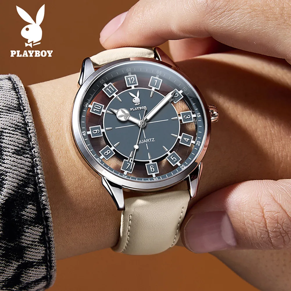 PLAYBOY 3137 Brand Quartz Movement Watch For Men Dual Vision HD Luminous Function 30m Waterproof Leather Strap Watch