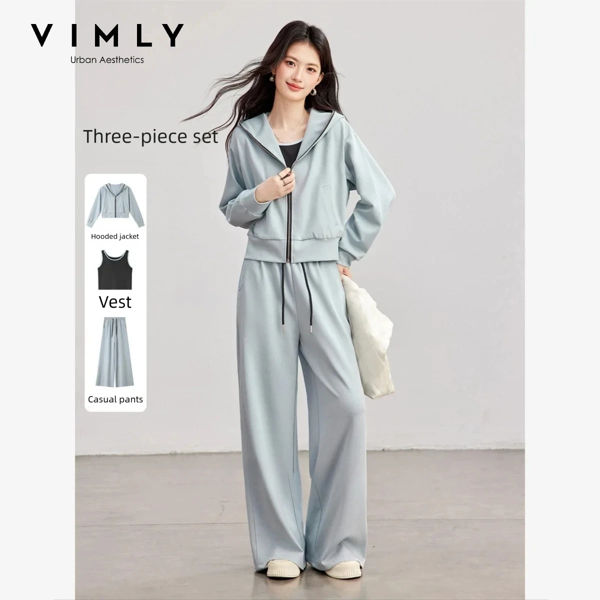 VIMLY Women's Three-Piece Set Blue Casual Sports Hoodie Black Tank Tops Wide-leg Pants 2026 Fall Matching Outfit Female 31528