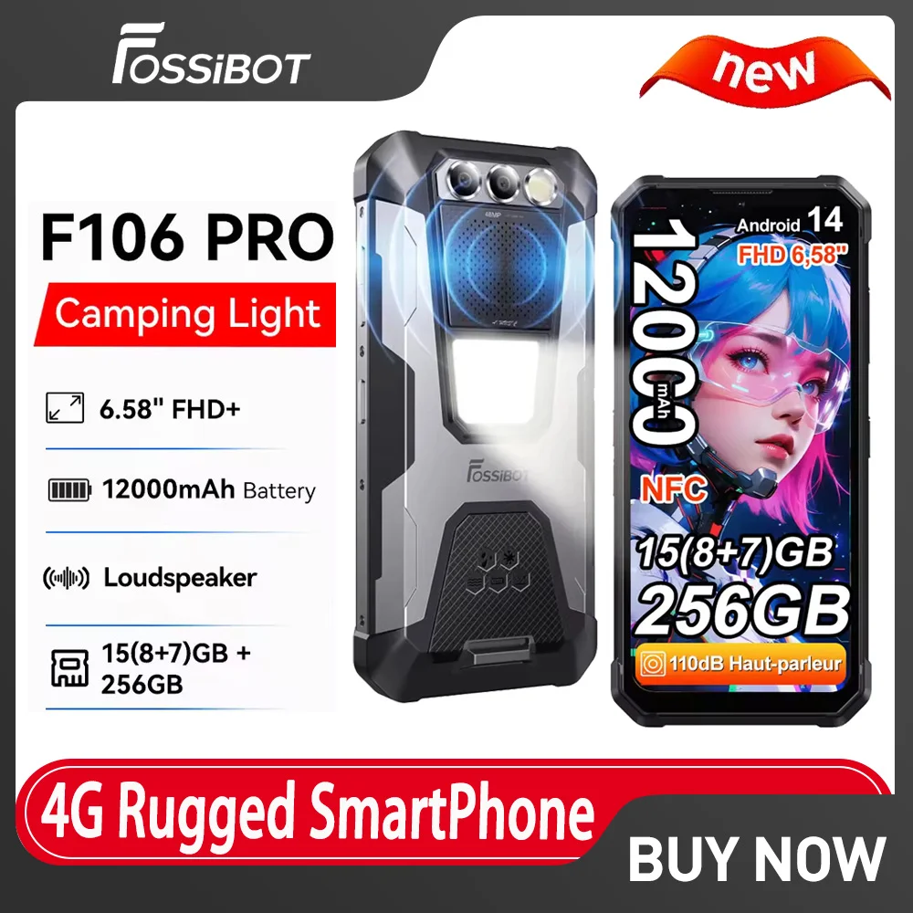 FOSSiBOT F106 PRO Android 14,8GB 256GB ROM Rugged Smartphone,12000mAh Battery 48MP Camera,Loud Speaker Camping Light Cellphone