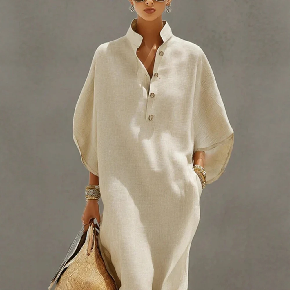 Women's Imitation Linen Batwing Sleeve Maxi Dress Vintage Stand Collar Half Button Pocket Loose Casual Summer Kaftan Dresses