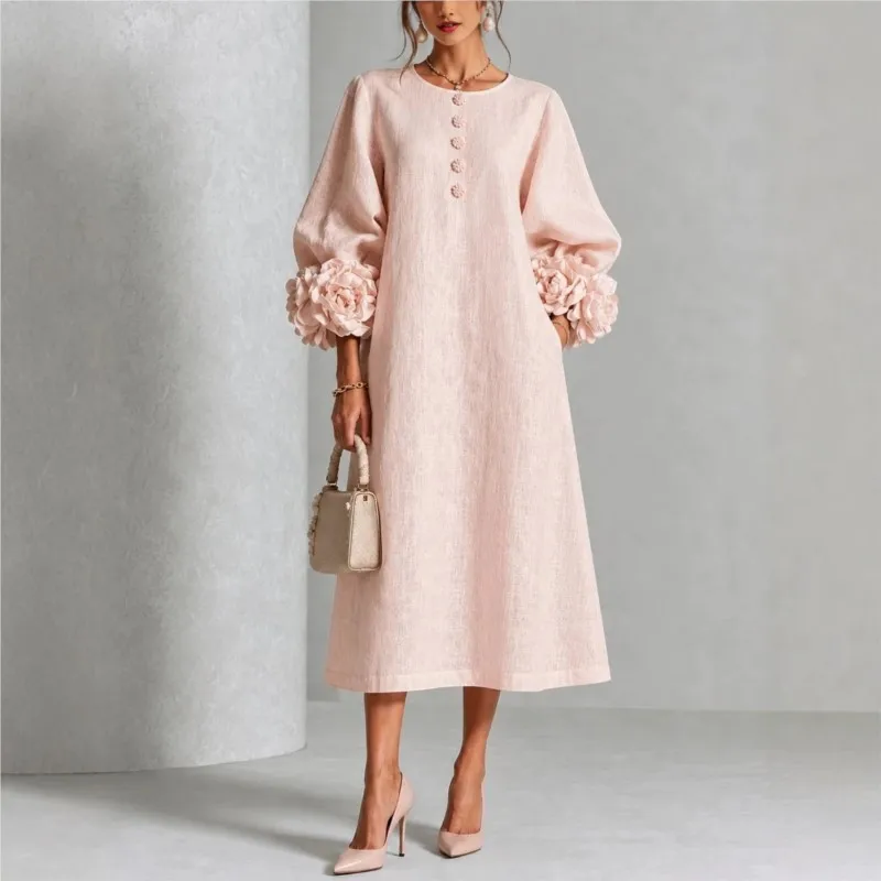 Elegant Women Linen Midi Dress Autumn Fashion O Neck Floral Lantern Sleeve Button Loose Straight Long Dress Casual Party Dresses