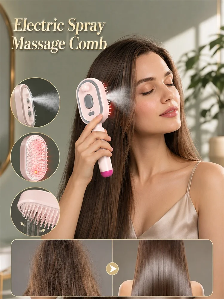 Anti-Frizz Hair Brush Electric Spray Air Cushion Massage Comb with Red Light Therapy & Retractable Teeth– Lightweight & Portable